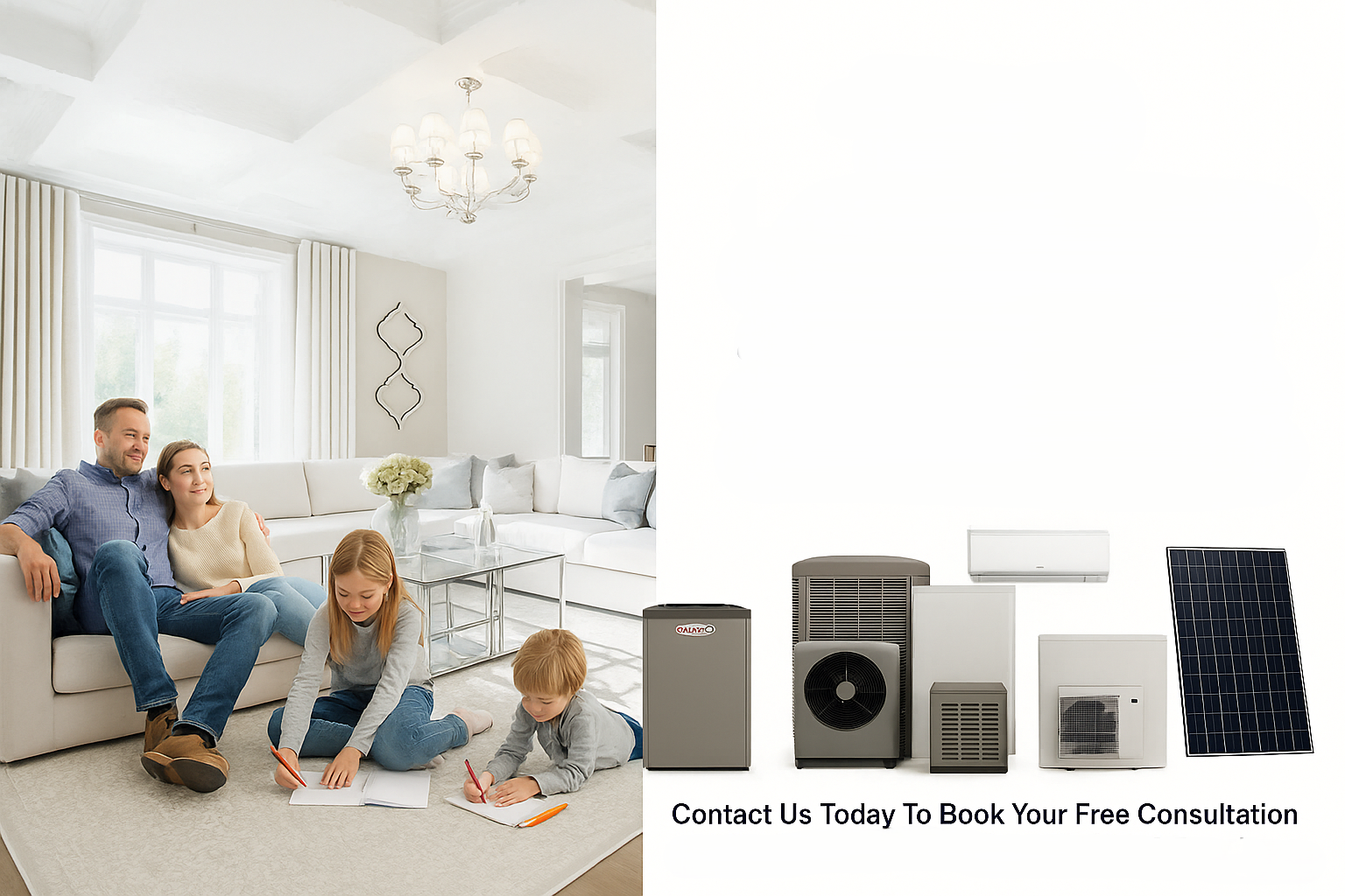 A family of four sitting on a white sofa in a bright living room, with two children drawing on notebooks on the floor and a man and woman watching them, while an advertisement for air conditioning and solar panel installation is displayed on the right side, with a message to contact for a free consultation.
