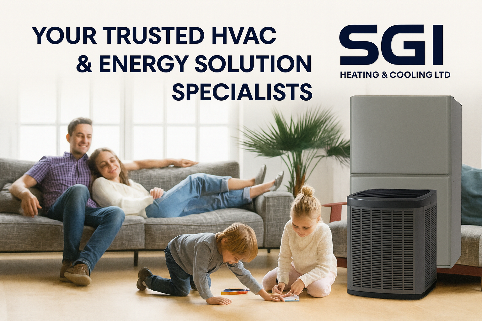 Family enjoying a comfortable living room with an HVAC unit and air purifier, promoting HVAC and energy solutions from SGI Heating & Cooling Ltd.