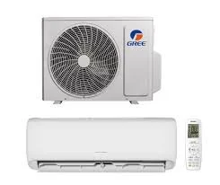 A split-type air conditioning system includes an outdoor unit with a fan and an indoor wall-mounted unit with a remote control.