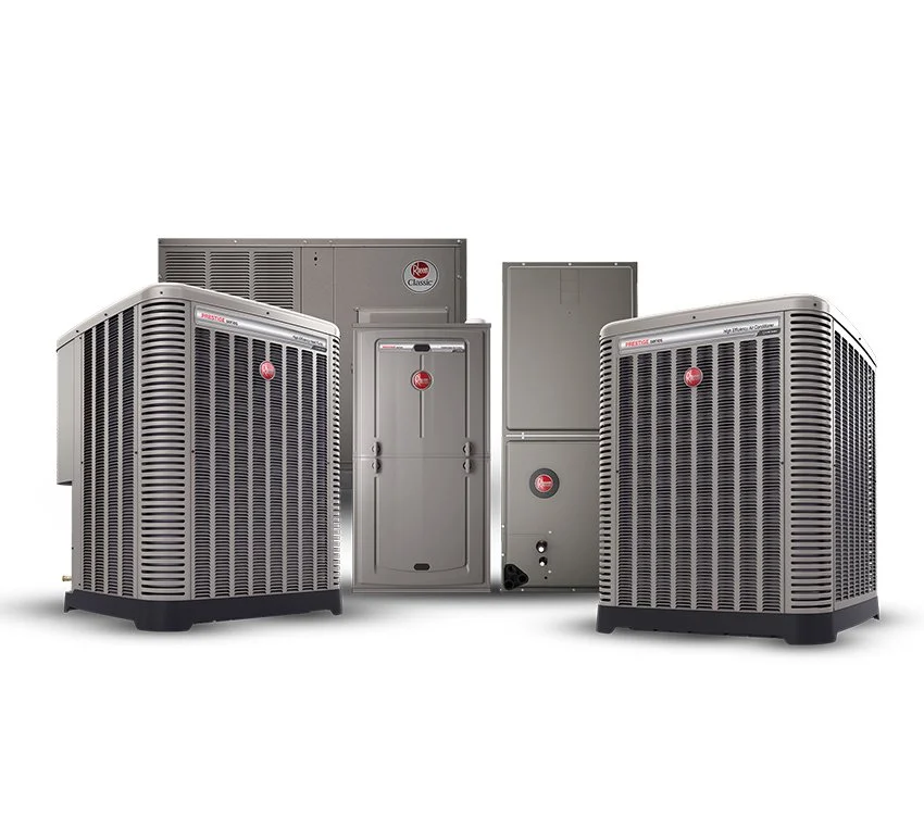 A collection of Rheem Classic heating and cooling units, including air conditioners and possibly a furnace or heat pump, arranged on a white background.