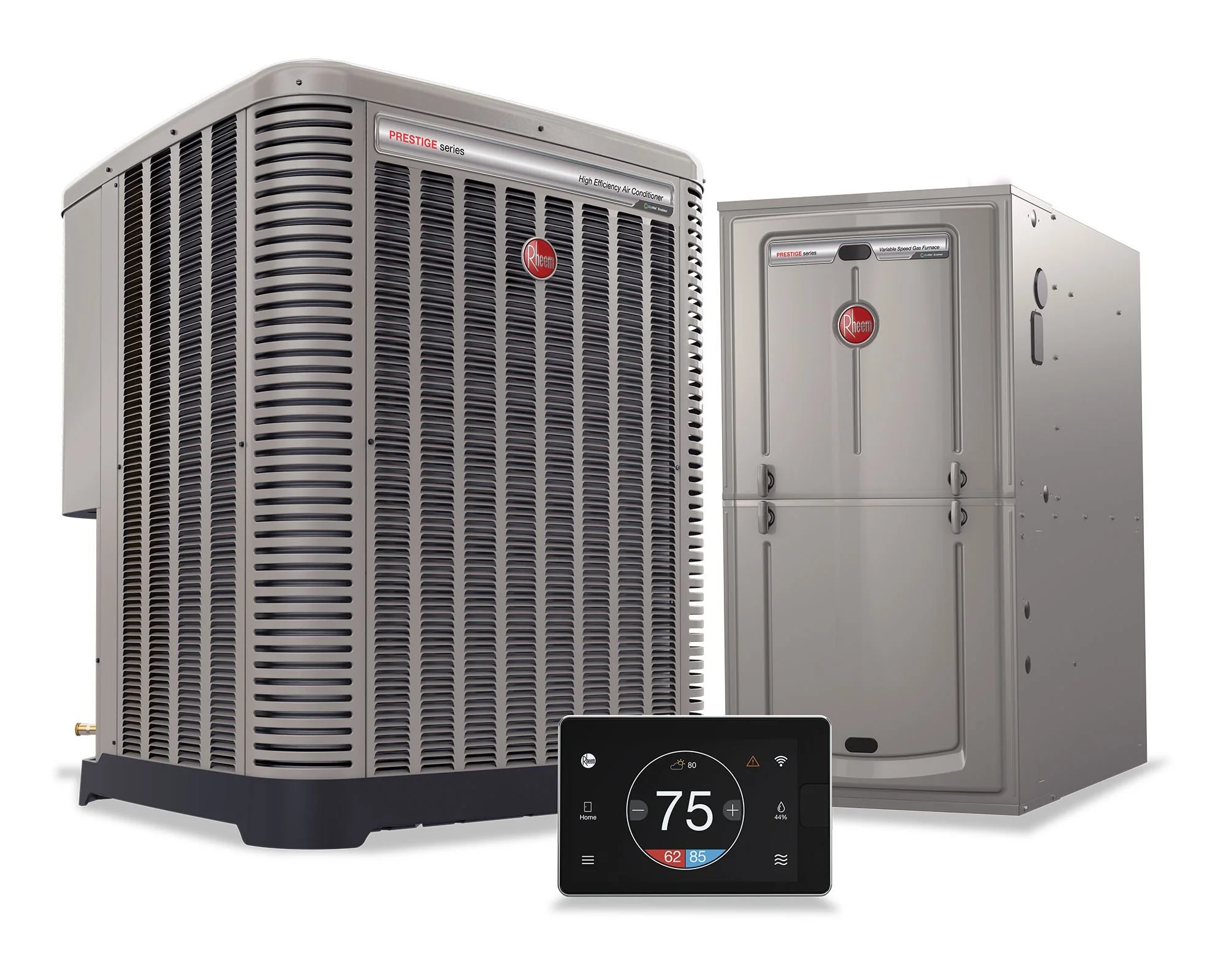 A Rheem HVAC system consisting of an outdoor air conditioning unit, an indoor furnace, and a digital thermostat displaying a temperature of 75 degrees.