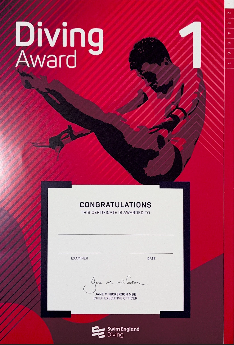 A red certificate for a diving award with a design of a person diving in the background. The certificate has spaces for recipient's name, examiner, and date, signed by Jane M Nickerson, Chief Executive Officer, Swim England Diving.