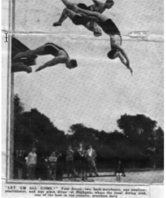 Two athletes in mid-air diving into a swimming pool during a diving competition, with spectators watching from the poolside.