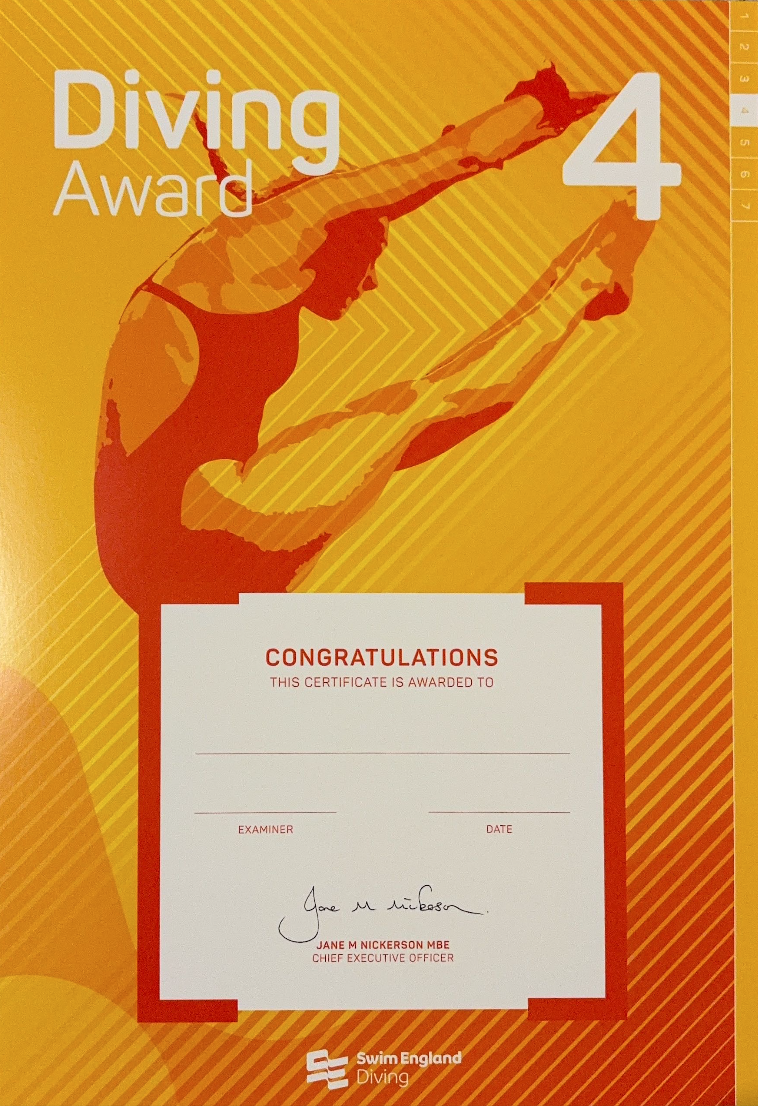 A certificate titled 'Diving Award 4' with an orange and yellow background, featuring an illustration of a diver in mid-air performing a dive, and a blank space for recipient's name, examiner, and date, signed by Jane M Nickerson.