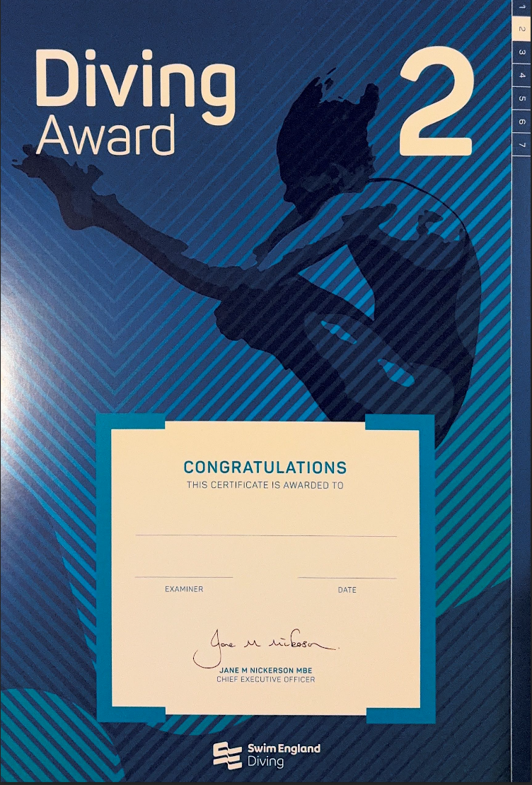 A certificate for a Diving Award from Swim England, featuring a silhouette of a diver in mid-dive against a blue background with diagonal lines, and a blank space for recipient details and signatures.