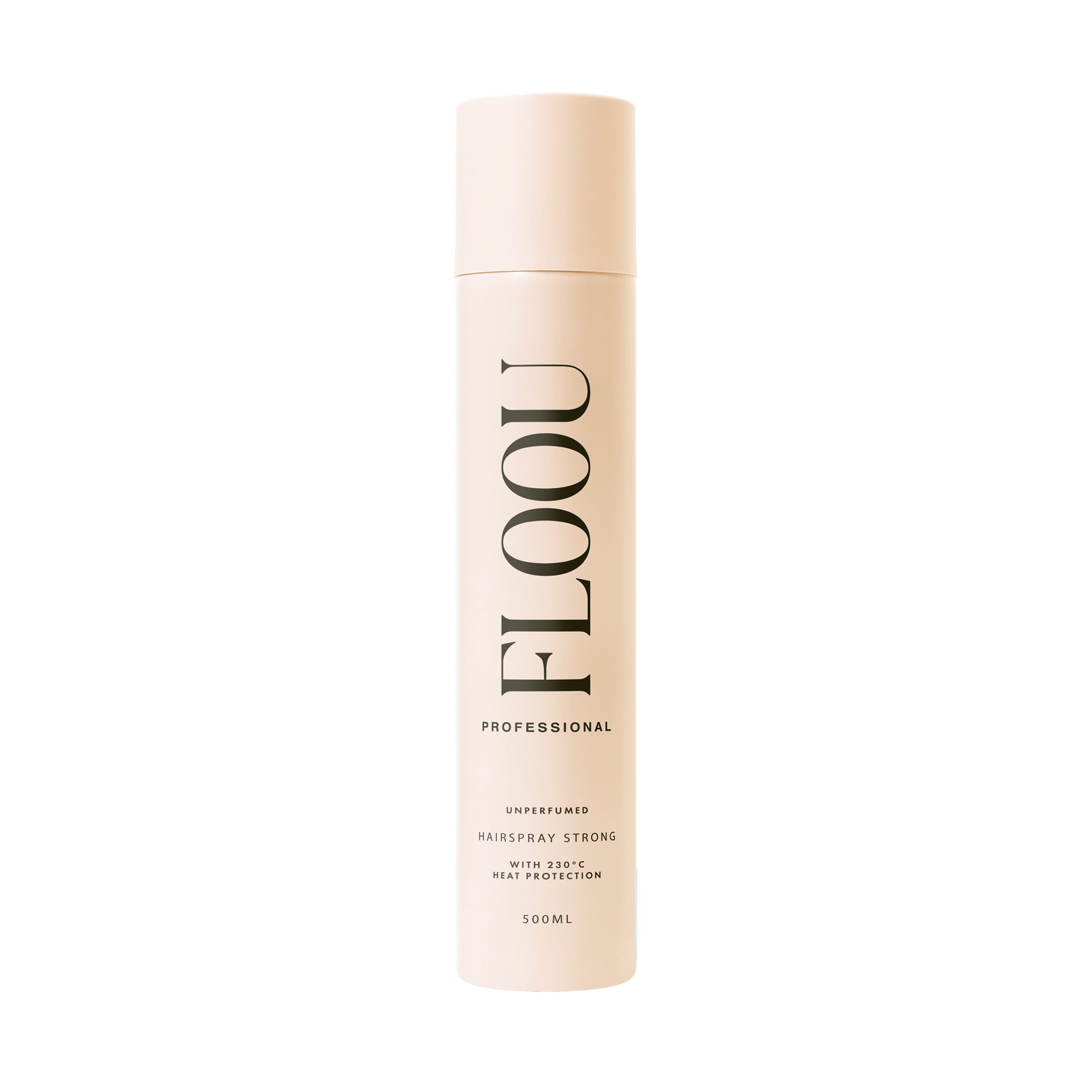 Hiuslakkapullo, jossa tekstiä 'FLOOU PROFESSIONAL UNPERFUMED HAIRSPRAY STRONG WITH 230°C HEAT PROTECTION 500ML'