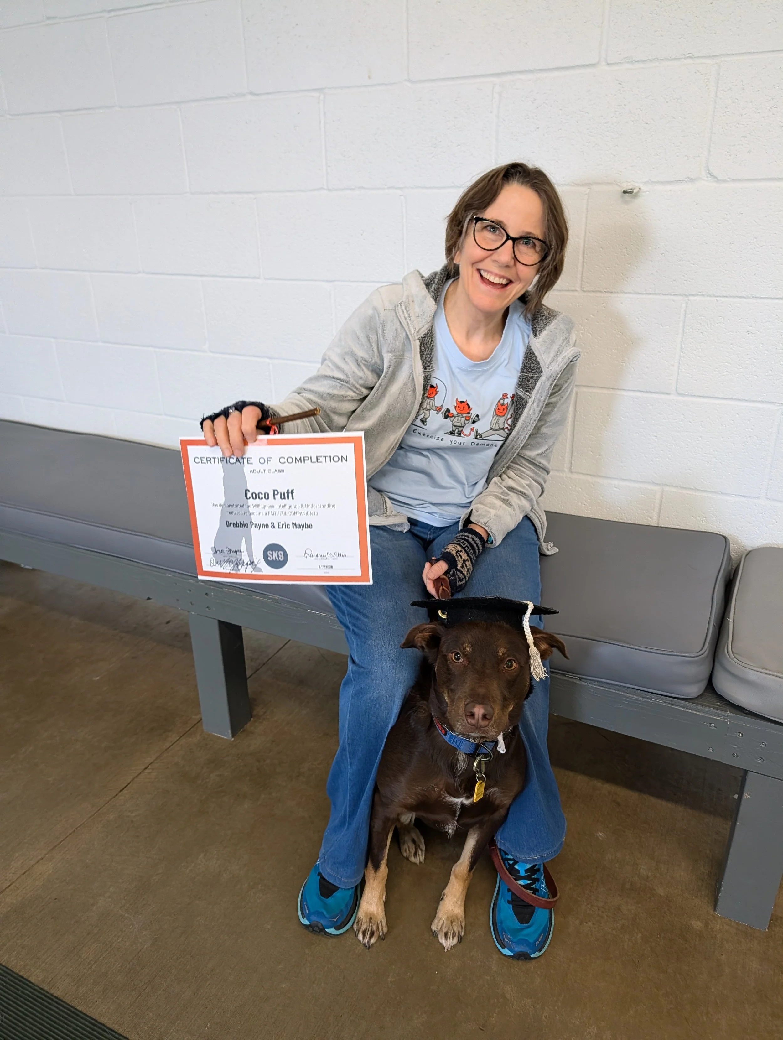 Coco Puff in a graduation cap after completing his first training.