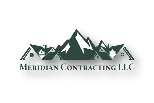 Logo for Meridian Contracting LLC featuring mountain peaks and houses.
