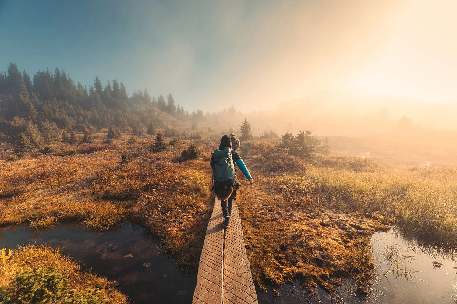 Hiker walking on a narrow wooden bridge in a misty, mountainous landscape with grass and trees, sunlight illuminating the scene