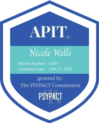 APIT certification badge for Nicole Wells, mobility number 22261, expiration date June 21, 2026, granted by the PSYPACT Commission.
