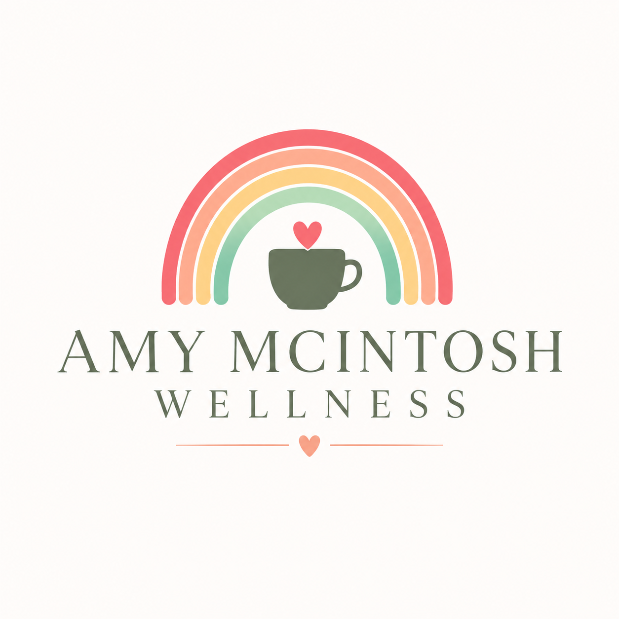 Logo for Amy McIntosh Wellness featuring a rainbow with pastel colors, a coffee cup with a red heart above it, and the text 'Amy McIntosh Wellness' with a small heart below.