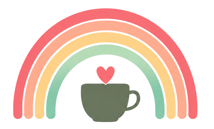 A rainbow with red, orange, yellow, and green bands over a gray coffee mug with a small pink heart above it. Rainbow and coffee cup icon representing Amy McIntosh Wellness.