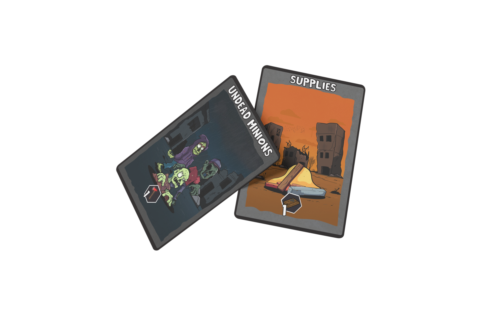Two game cards, one titled 'Undead Minions' showing zombie characters, and the other titled 'Supplies' depicting a desert with ruins and weapons.