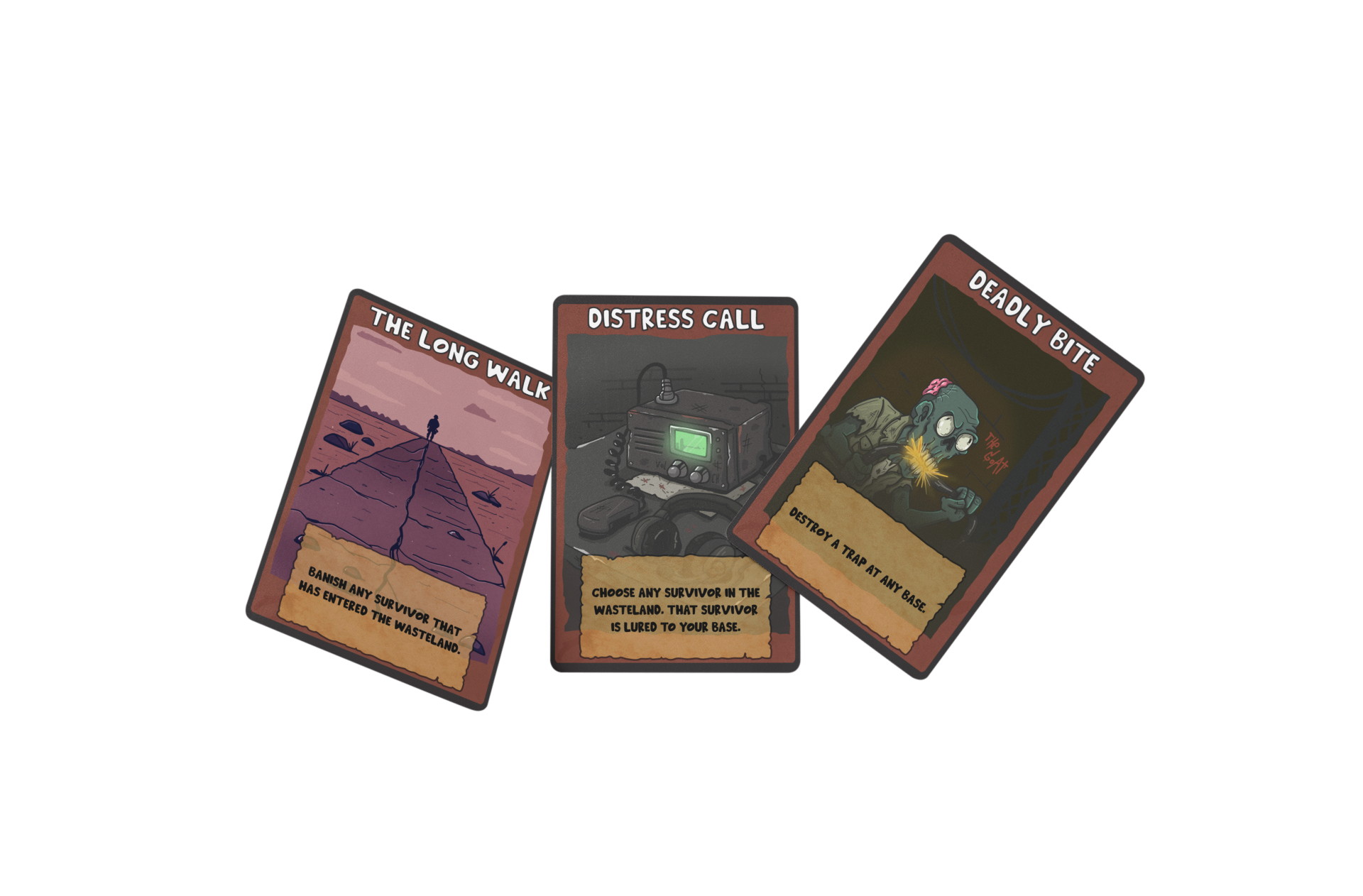 Three illustrated cards from a board game. The first card, titled 'The Long Walk,' shows a person walking on a path in a wasteland. The second card, titled 'Distress Call,' depicts an old radio device in a dimly lit setting. The third card, titled 'Deadly Bite,' features a zombie-like creature biting at a trap.