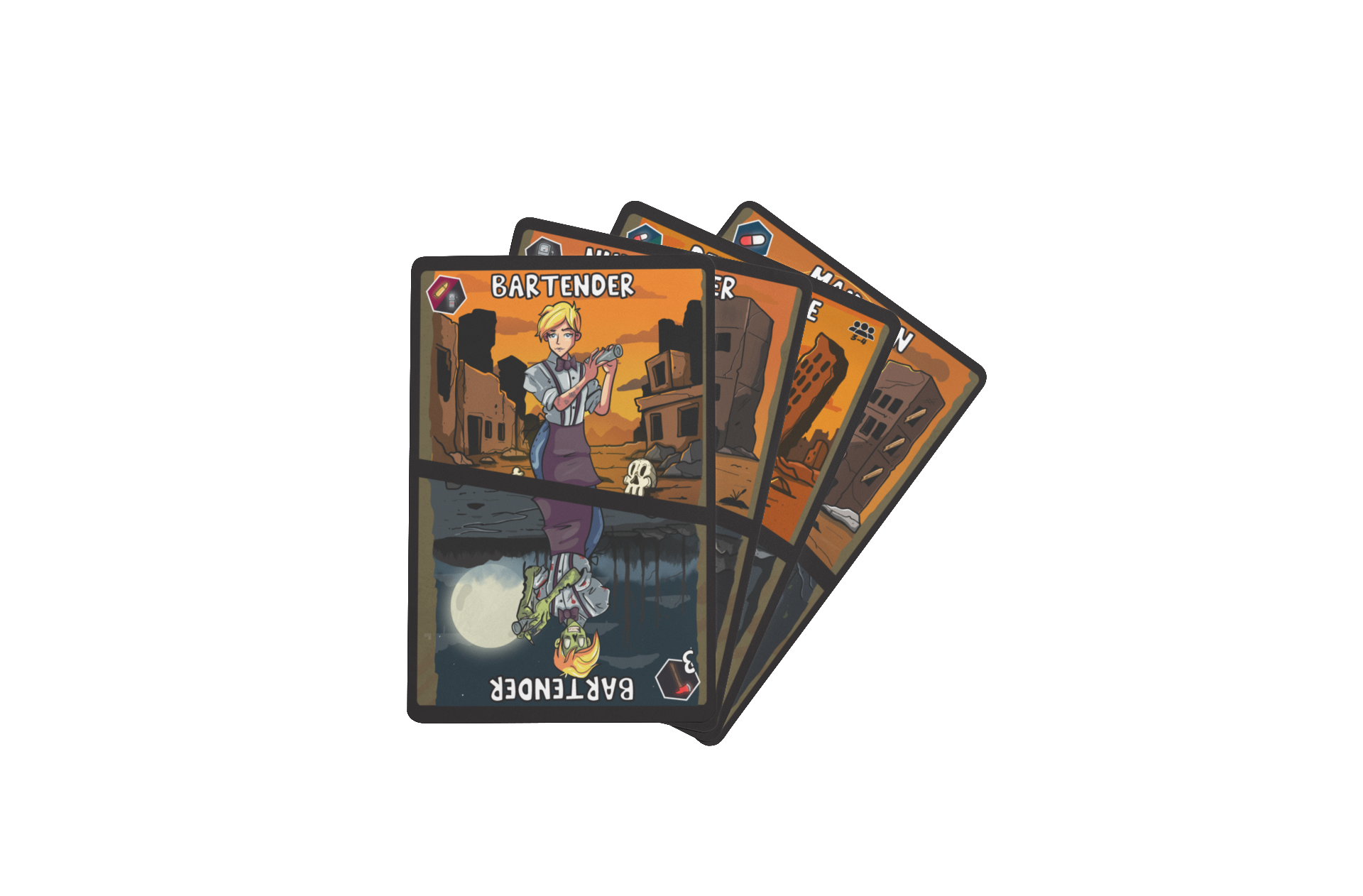 A set of illustrated cards from a game, featuring a bard character with a blonde ponytail holding a guitar, titled 'Bardenter', with a sunset background of ruined buildings and a reflection of the same scene in a puddle.