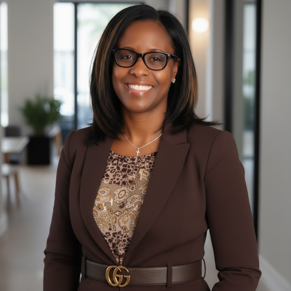 A professional woman with glasses, wearing a brown blazer, pearl earrings, and a cross necklace, smiling in an office setting.