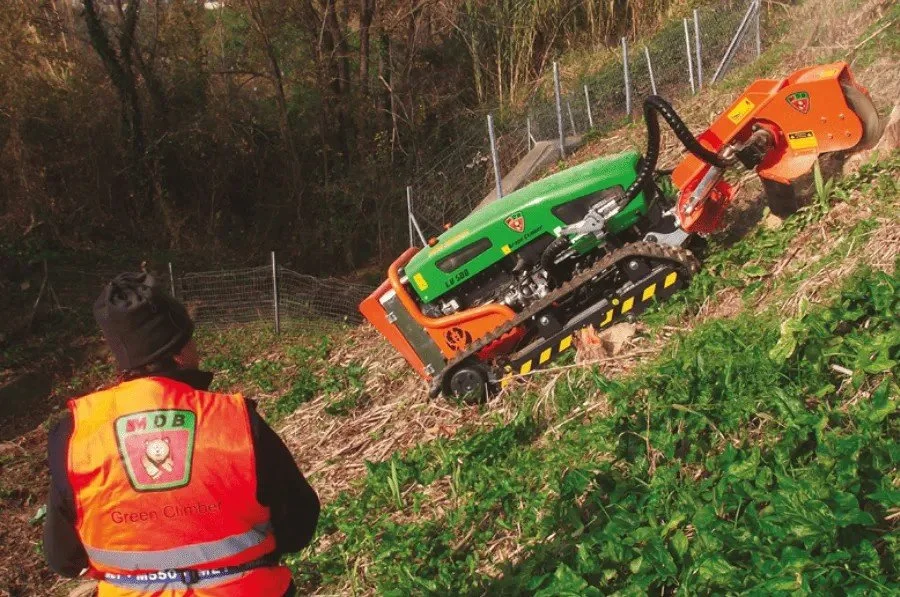 Professional stump grinding on steep hillside using remote-controlled Green Climber in Northern Kentucky