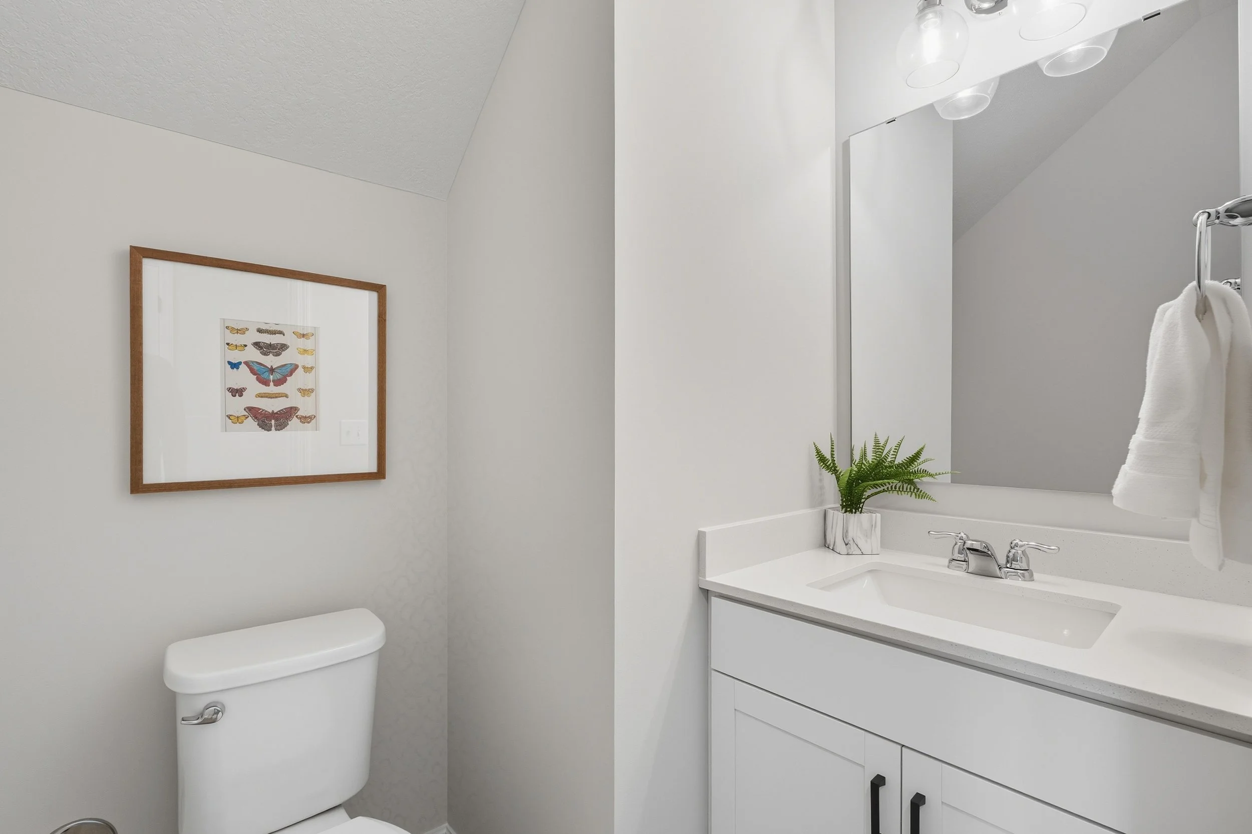 A clean, modern bathroom with a white toilet, a mirror, a white cabinet with black handles, a sink, and a small green plant in a marble vase on the countertop. There is a framed butterfly art print on the wall.