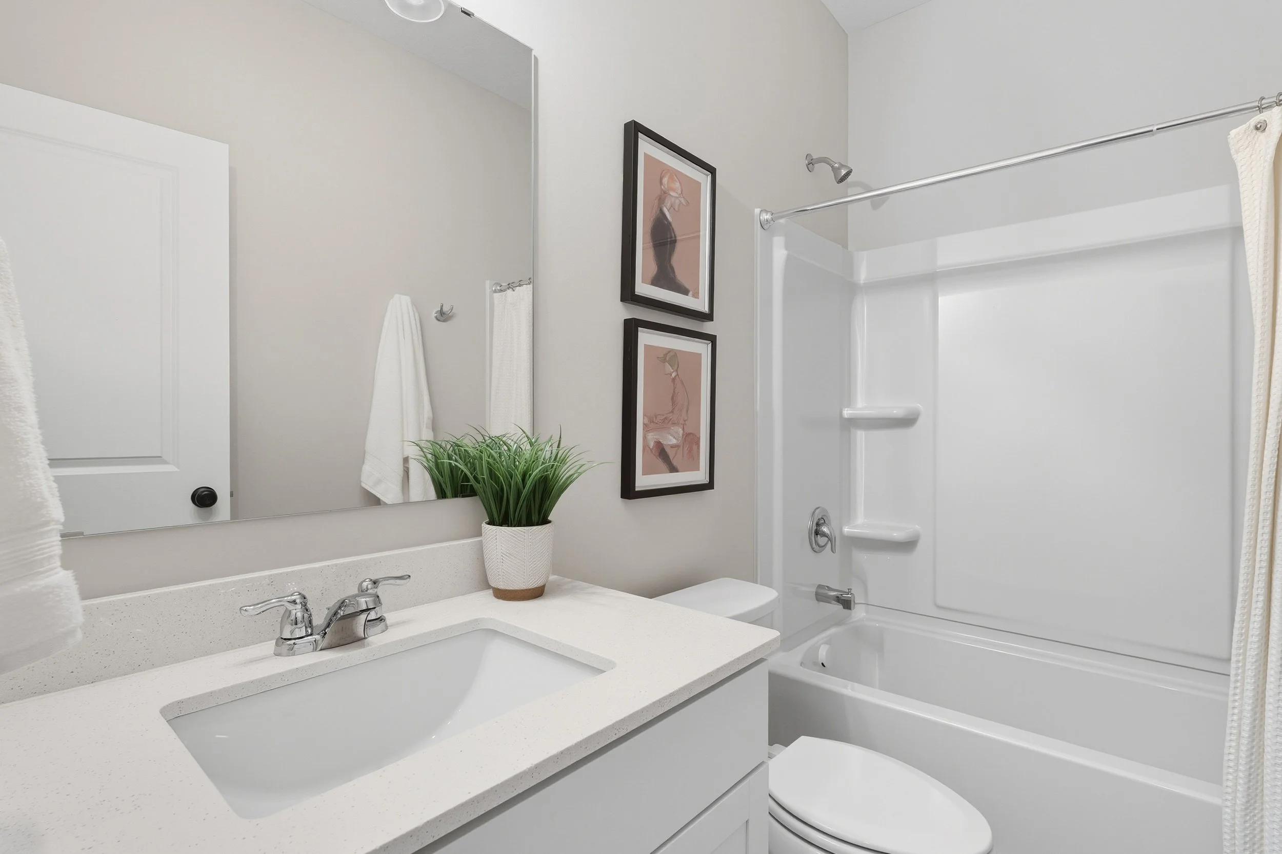 A modern bathroom with a white vanity, a large mirror, a potted plant, two framed art prints, a toilet, and a bathtub with a shower curtain.