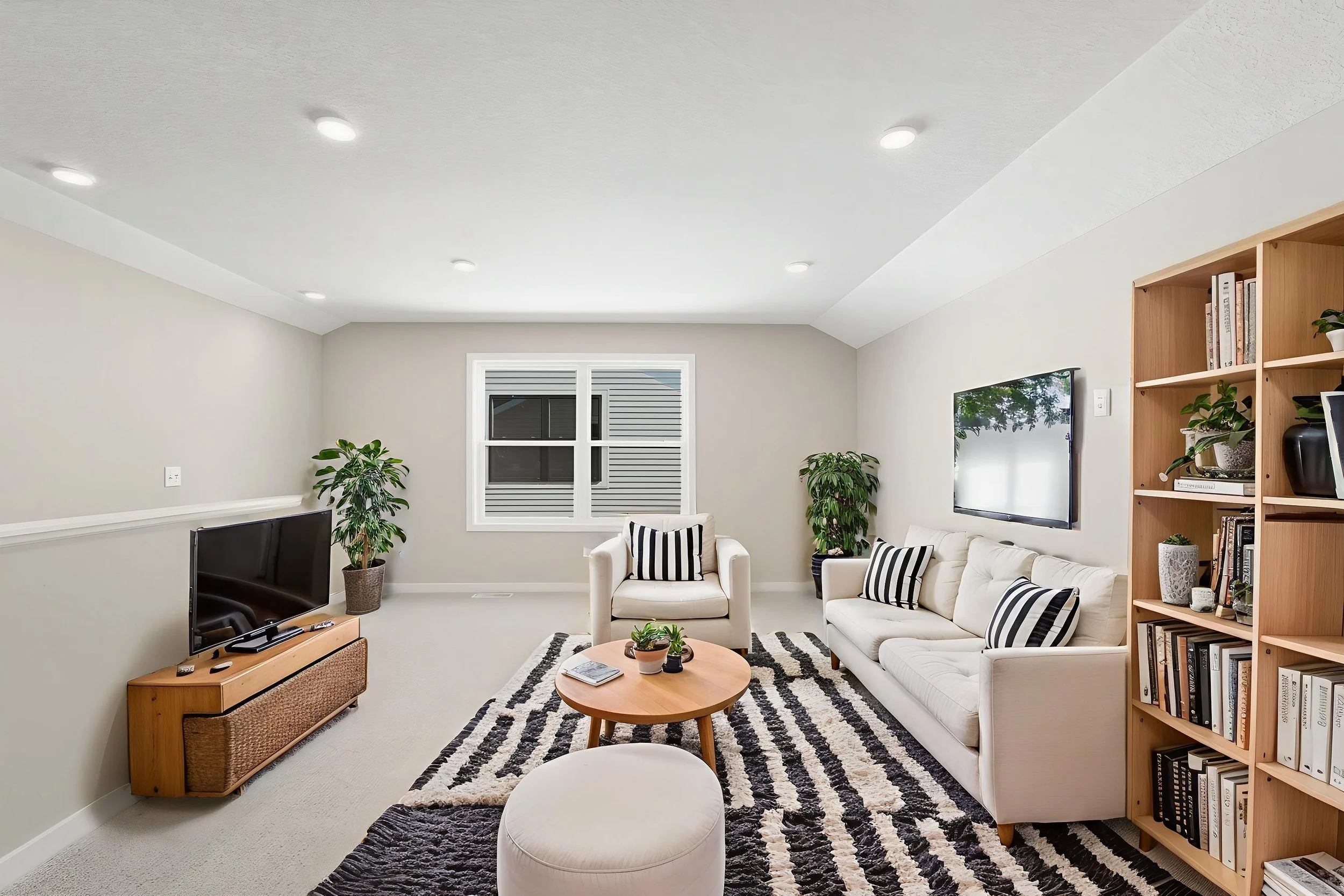 Modern living room with white sofa, armchair, striped pillows, black and white rug, wooden coffee table, flat-screen TV, bookshelf, and green plants, illuminated by recessed ceiling lights.