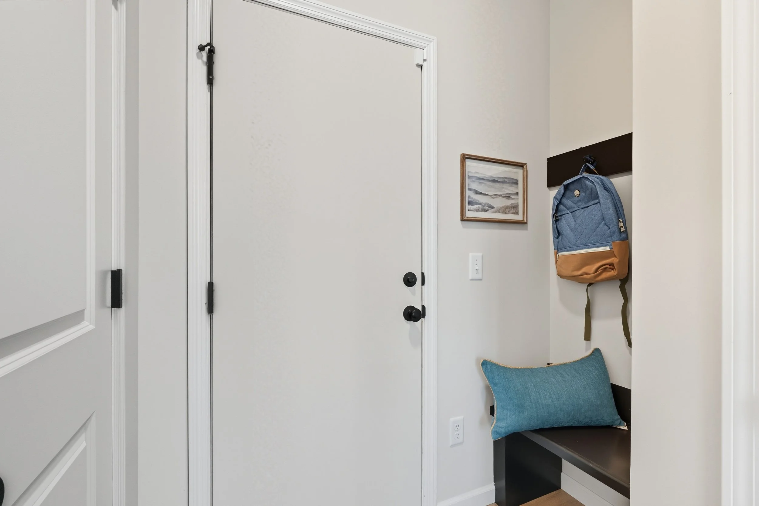 Entryway with a closed white door, a bench with a blue pillow, a wall-mounted backpack, and a framed landscape painting.