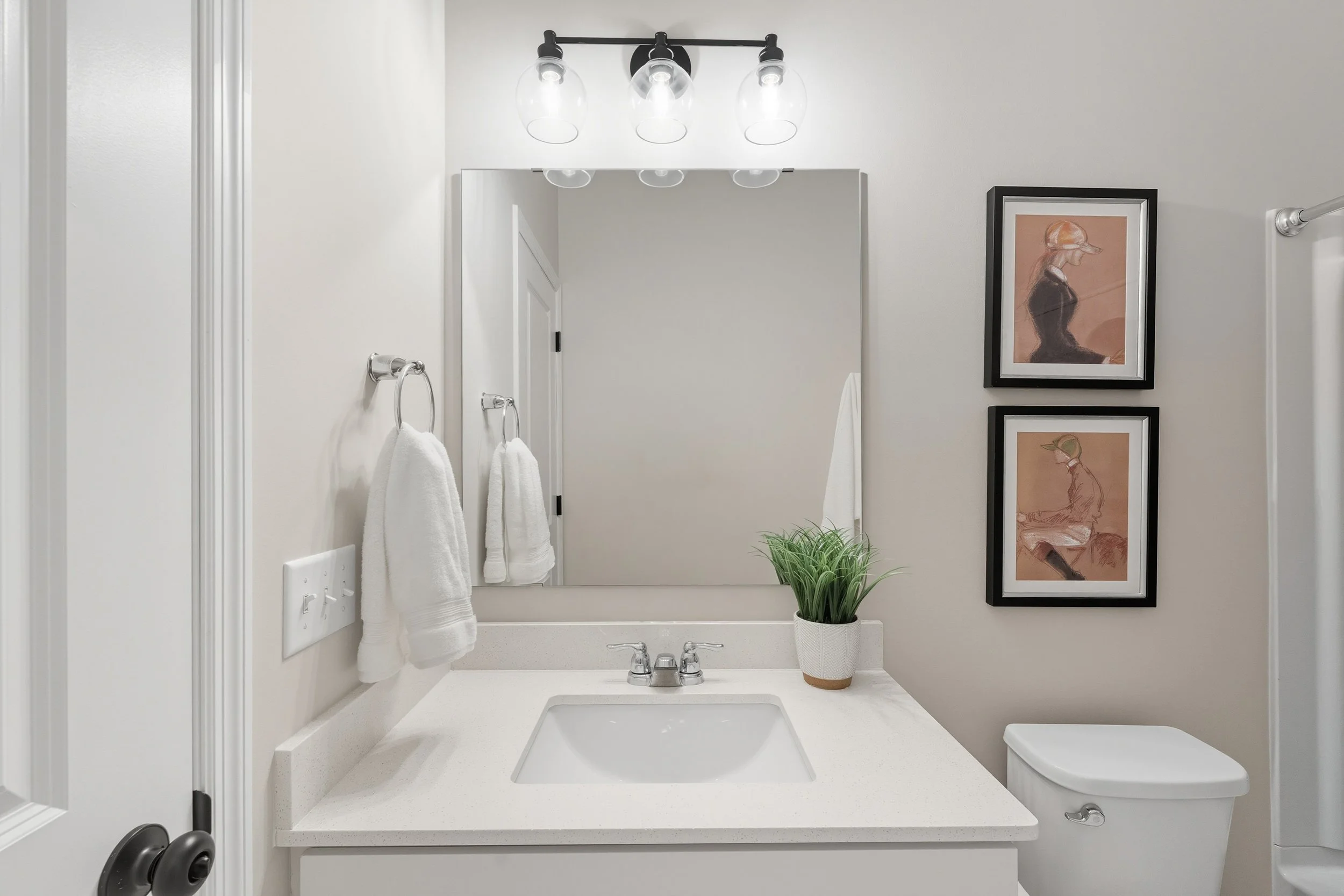 Bathroom vanity with a large mirror, three-light fixture, white sink, two white towels on silver towel rings, potted plant, framed artwork, and white toilet.