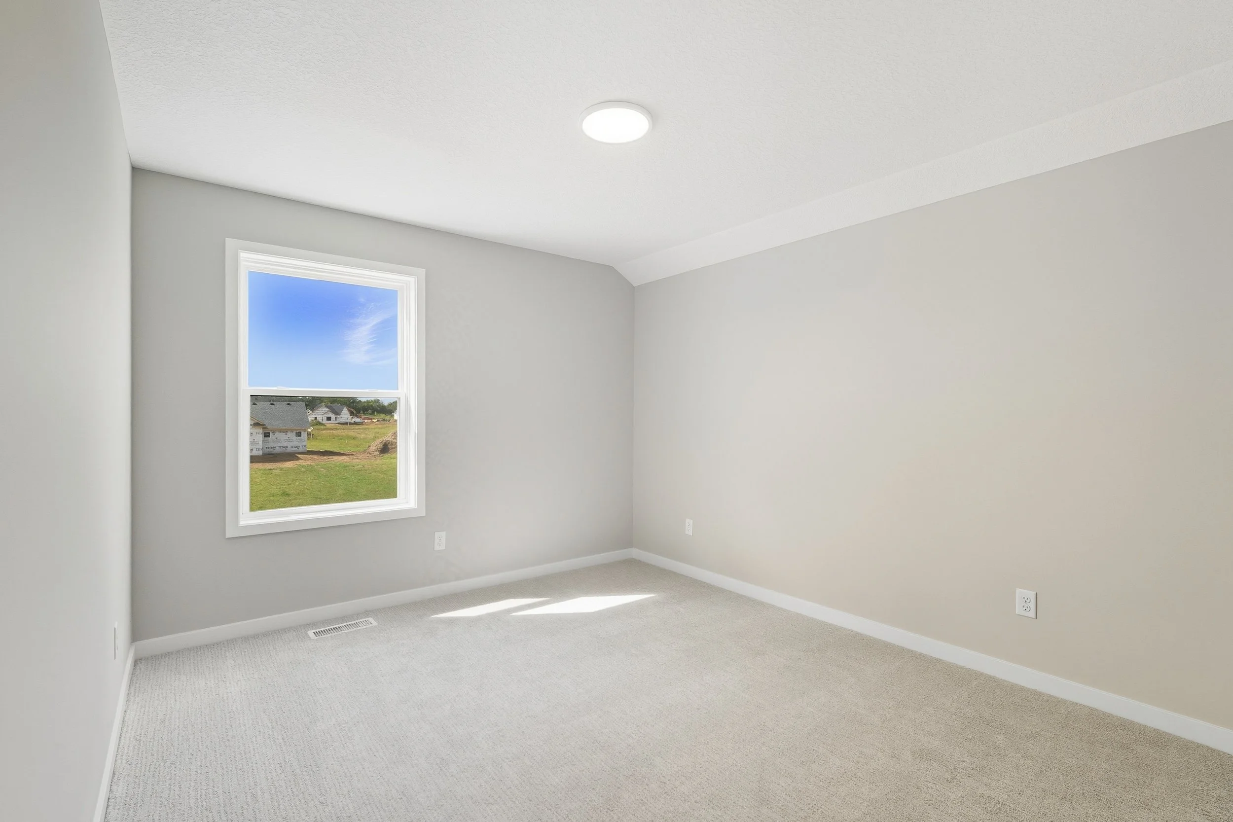 Empty room with beige carpet, white walls, one window showing a green outdoor scene with blue sky, and a ceiling light