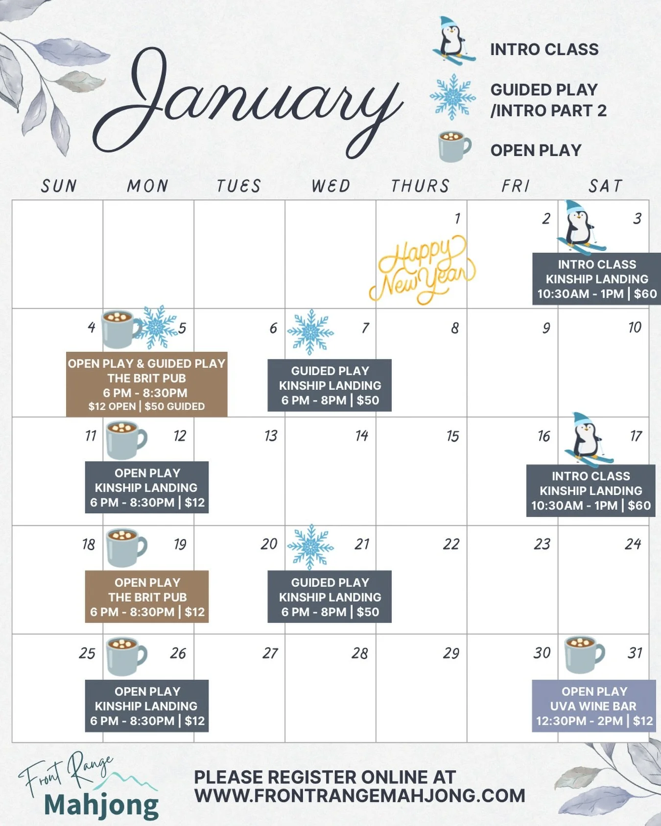 January&rsquo;s schedule is LIVE! 🎉
We&rsquo;re kicking off the New Year with open play every Monday&mdash;including at the new Brit Pub downtown! 👏

Ready to try a new hobby in 2025? Grab a spot in one of our Intro to American Mahjong classes at K