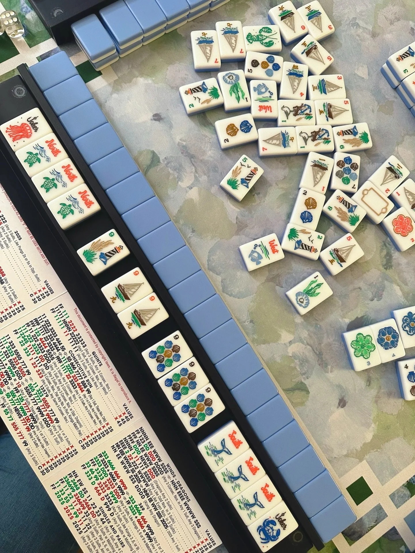 Proof that mahjong can cure the winter blues 🌊🌴Loving this tile and mat combo! 

Maritime tiles by @thatmahjongmoment
Hydrangea mat by @amandatoppeliving 
Navy Racks by @bird_and_bamboo 

Mahjong tablescape, American mahjong, mahjong tiles 
#mahjon