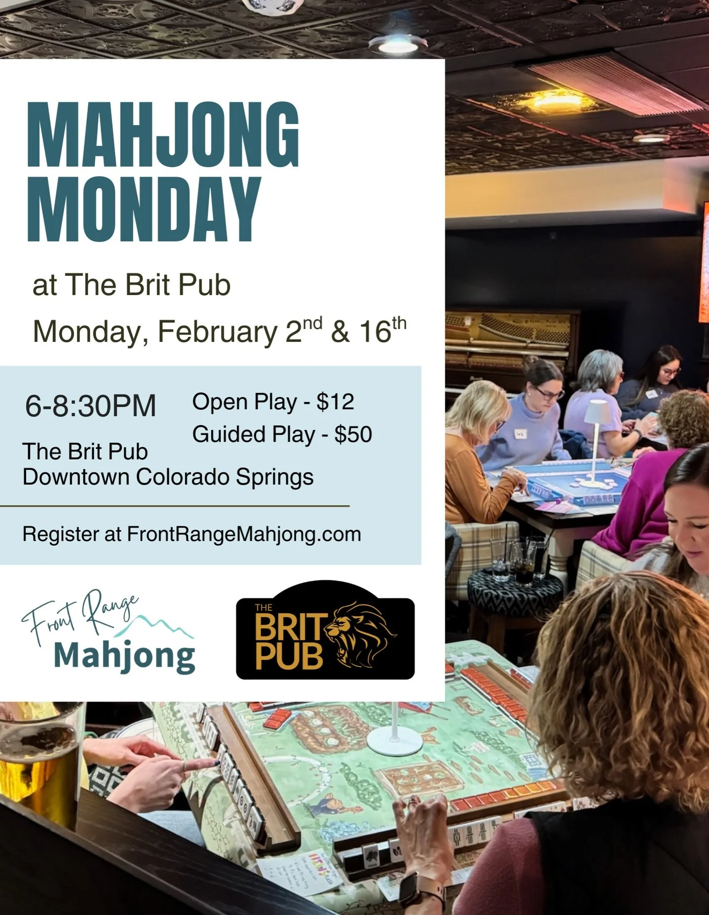 February Mahjong Mondays at The Brit are almost here! 🀄️ All-day happy hour and plenty of mahjong &mdash; can&rsquo;t wait! 🎉

🔗 Visit the link in Front Range Mahjong&rsquo;s bio to register! 

Colorado Springs mahjong, downtown Colorado Springs, 