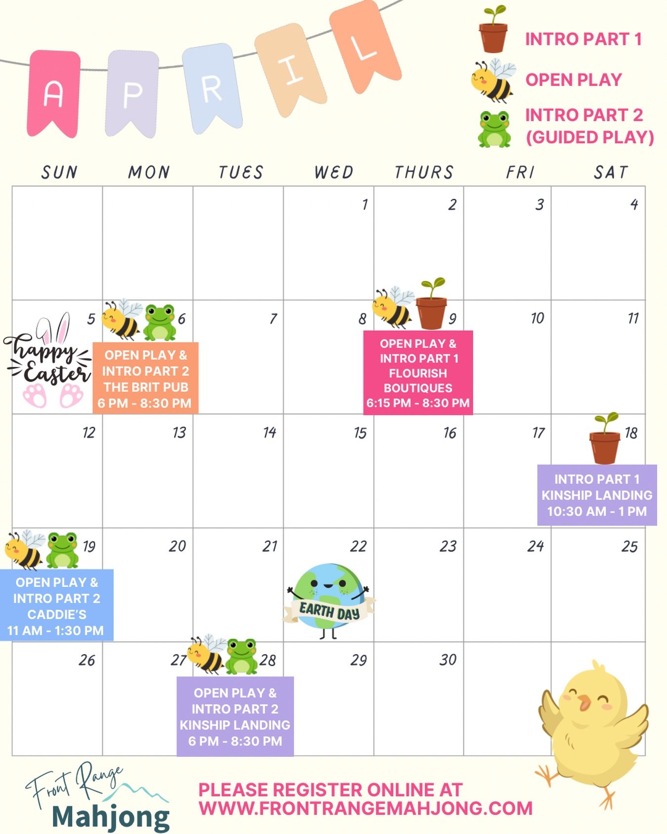 April&rsquo;s schedule is LIVE! 🌸 
Super excited for a new Open Play and Intro Class event at Flourish Boutiques, another Birdies &amp; Bams brunch at Caddies, and our regular classes and open plays at The Brit Pub and Kinship Landing. Lots of Mahjo