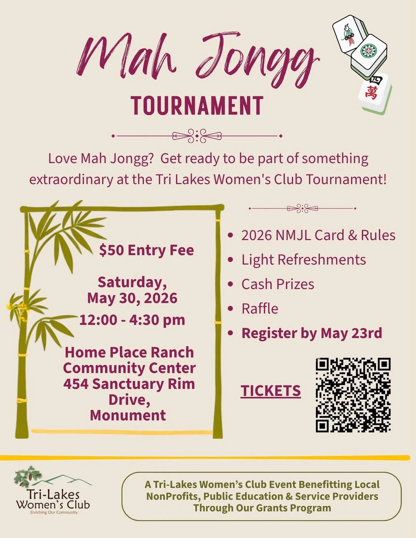 The Tri-Lakes Women&rsquo;s Club is hosting their first Mahjong tournament! 🎉 
If you&rsquo;ve been thinking about trying tournament play, this is such a fun, local opportunity to give it a go. Sam and I will be there - come join us! 

Proceeds from