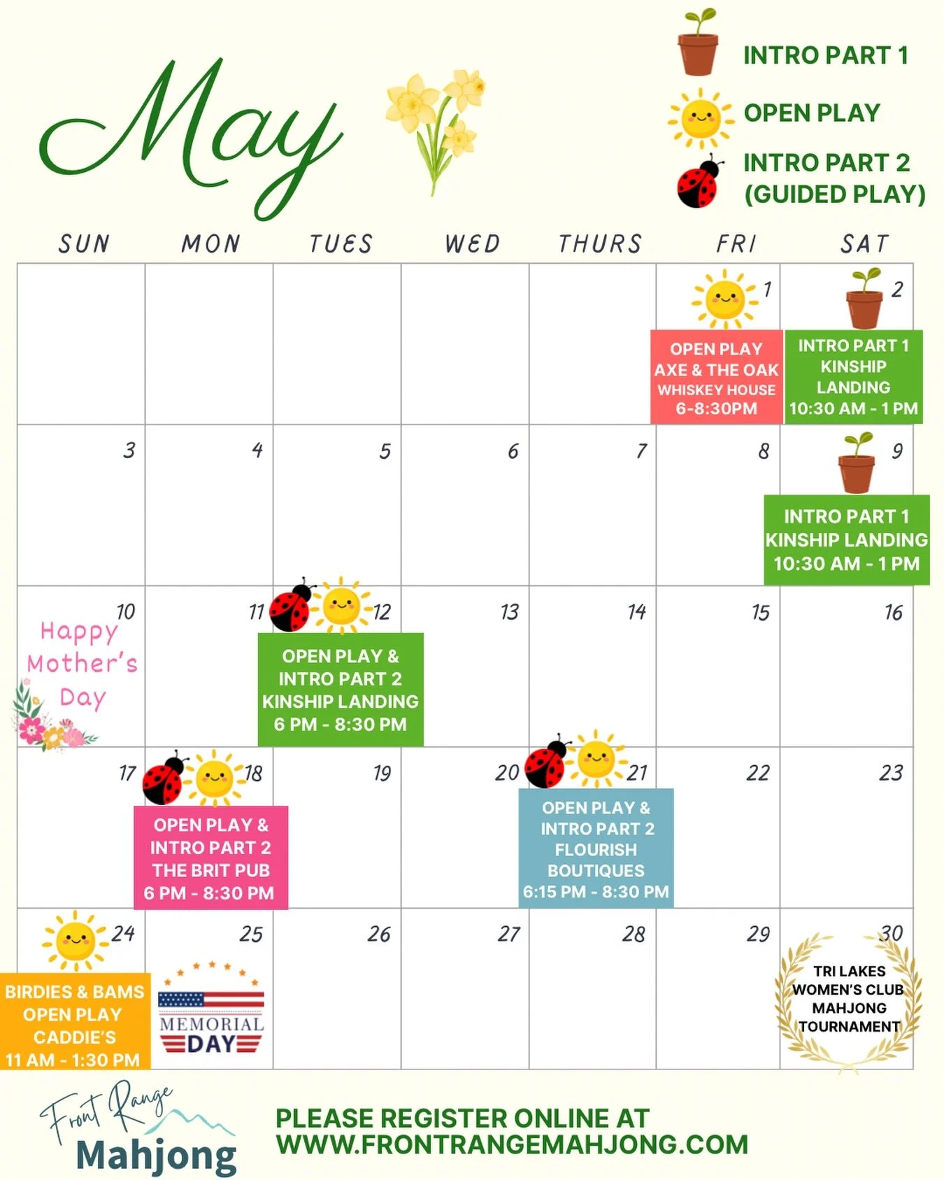 Our MAY schedule has arrived! 🌷 

We&rsquo;re heading into warmer days with an incredible lineup of Mahjong events &mdash; from open plays at @axeandtheoakdistillery , @kinshiplanding, @caddiesatvalleyhi, and @thebritpub to another shopping + charcu