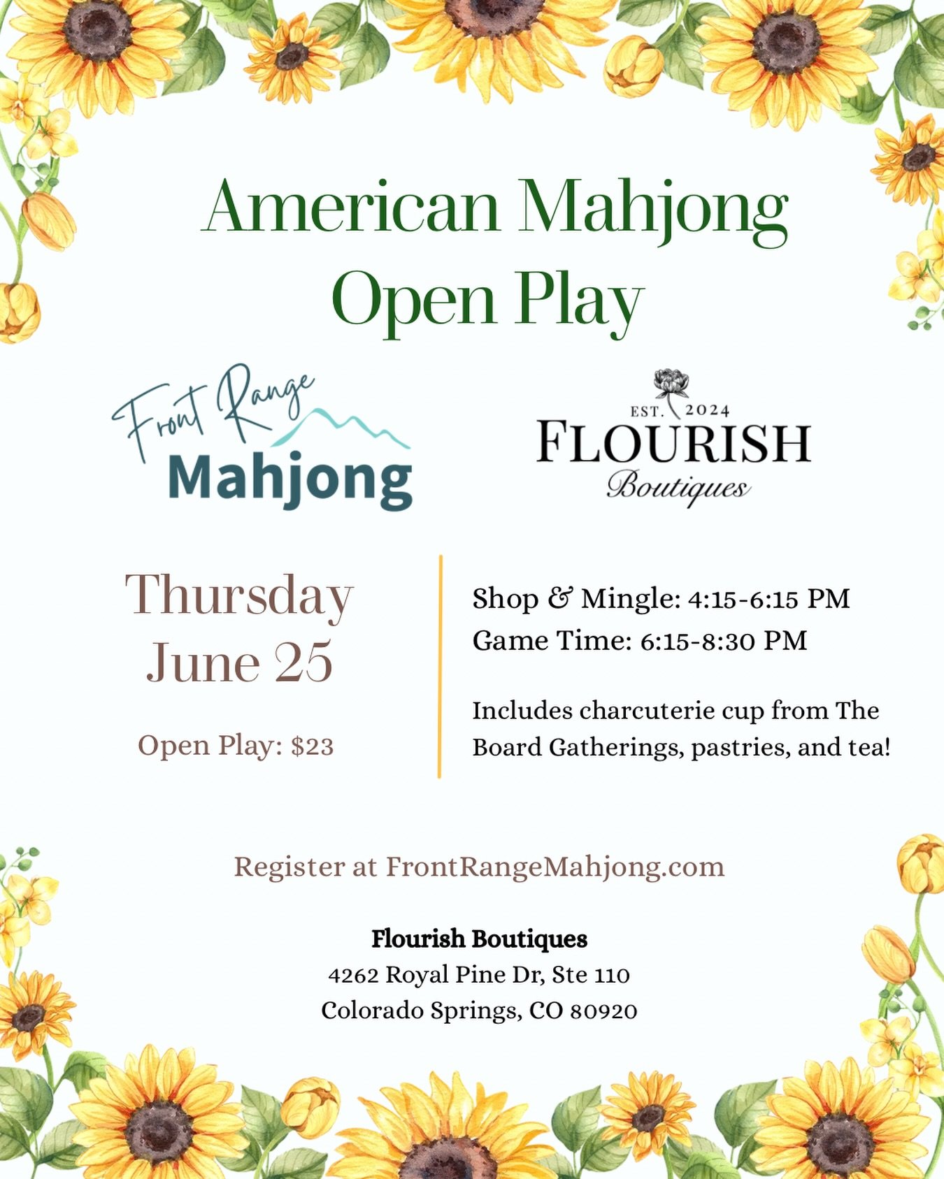 Join us June 25th at Flourish Boutiques for another Mahjong open play night filled with snacks, great company, and a little friendly competition. Bring a friend or come solo&mdash;everyone&rsquo;s welcome! 🎉🀄️🍰

🔗 Register on our website at Front