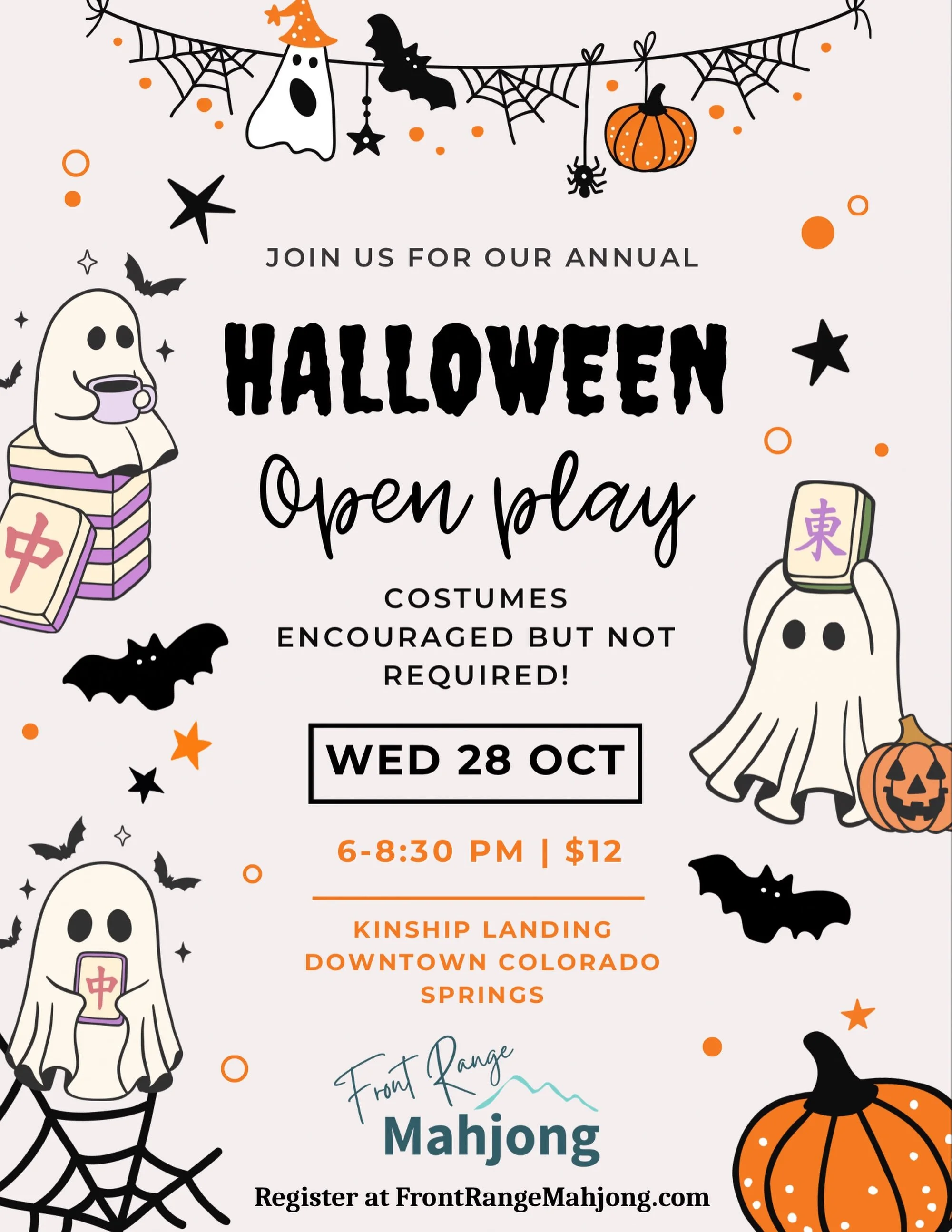 🎃👻 Halloween Mahjong is BACK! 👻🎃

Join us for our annual Halloween Open Play at Kinship Landing on Wednesday, October 28th, from 6&ndash;8:30 PM!

🀄 We&rsquo;ll also have two Guided Play/Intro Part 2 tables for anyone who wants a little extra he