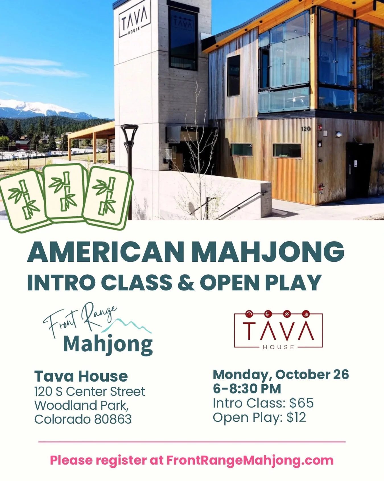 Woodland Park mahjong-ers, we&rsquo;re coming your way! 🏔️

We&rsquo;re headed up for our first open play and intro class at Tava House on Monday, October 26th from 6-8:30 PM! 

Colorado Springs folks- come escape to the mountains with us for the ev