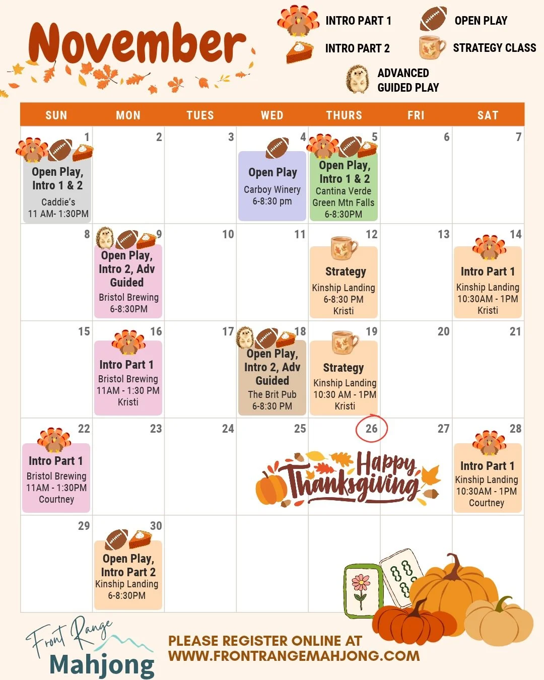November&rsquo;s schedule has arrived! 🍂🦃

We have a jam-packed month of Mahjong fun ahead! Join us for intro classes, open play, advanced strategy, and our NEW Advanced Guided Play class&mdash;perfect for experienced players looking to sharpen the