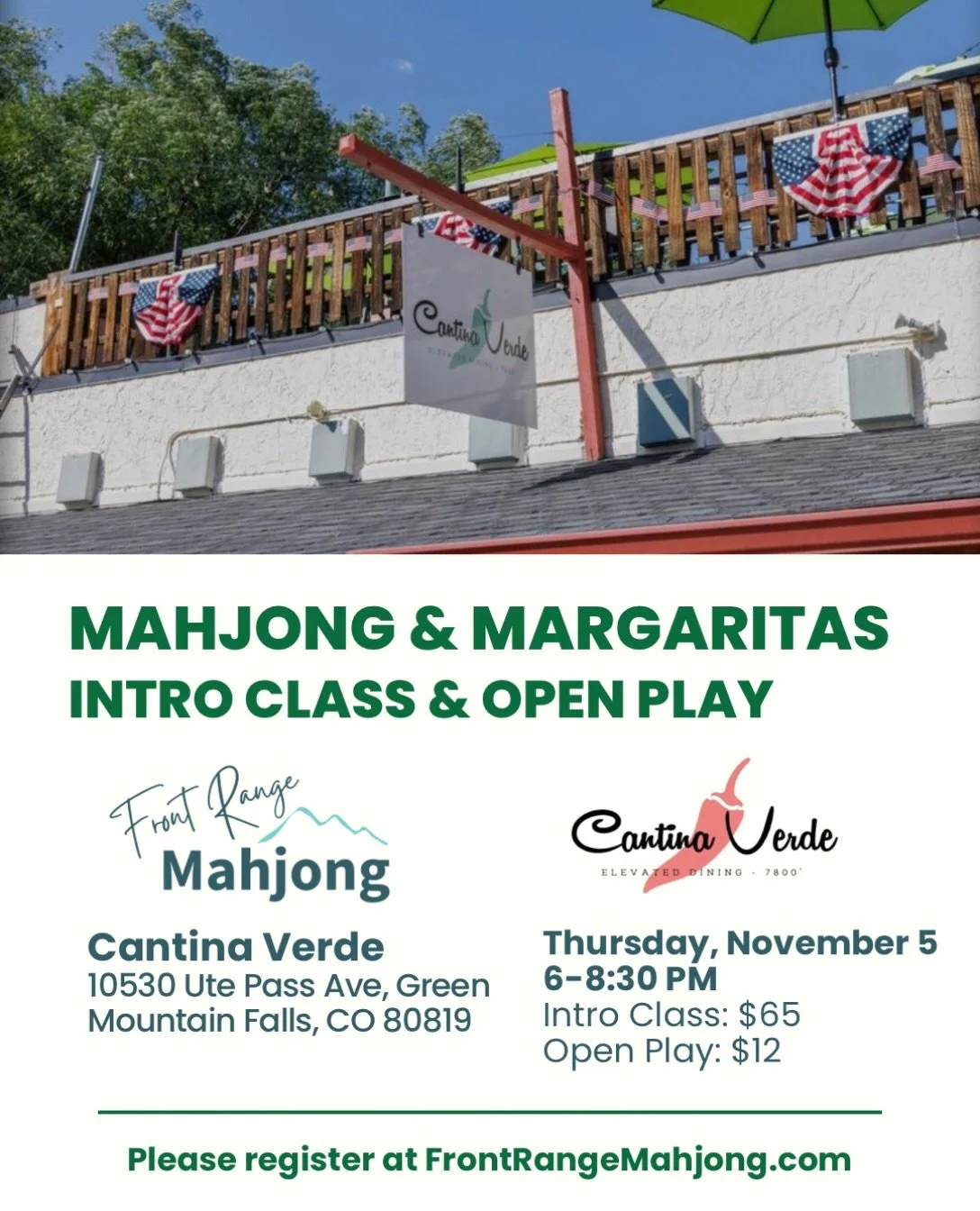 Join us for Margaritas &amp; Mahjong at Cantina Verde in Green Mountain Falls on Thursday, Nov 5! 🏔️🍹🀄

Just a quick 25-minute trip from Colorado Springs to the mountains for an evening of delicious food, refreshing margaritas, and great games. We
