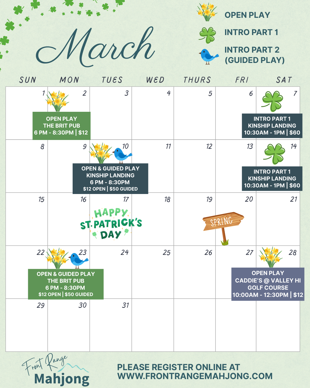 March schedule of events, featuring open plays, guided plays, and intro classes