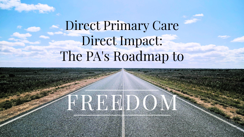 An open road stretching into the horizon in a flat landscape under a blue sky with clouds, with overlaid text about primary care and freedom.