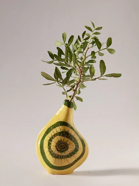 Ceramic vase with a spiral pattern, holding a green leafy branch, against a plain light background.