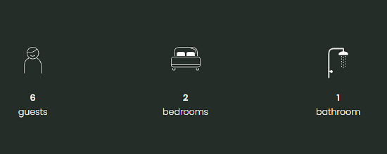 Diagram showing 6 guests, 2 bedrooms, and 1 bathroom.