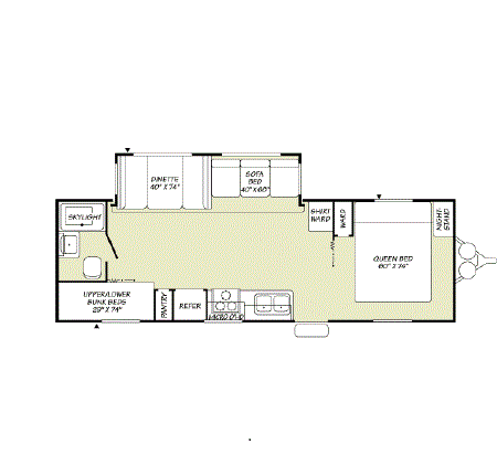Floor plan of a compact mobile home with a bedroom, bathroom, kitchen, dining area, and additional sleeping areas.