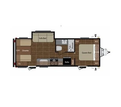 Floor plan of a camper or RV with a Queen Bed, kitchen area, bathroom, sofa bed, and dinette.