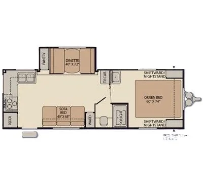 Floor plan of a recreational vehicle showing a queen bed, sofa, dinette, kitchen appliances, bathroom, wardrobe, and nightstand areas.