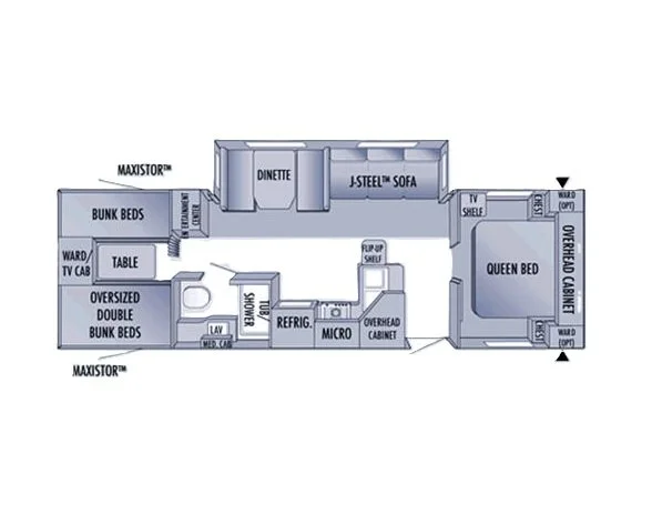 Floor plan of a recreational vehicle with a queen bed, J-steel sofa, dinette, bunk beds, kitchen area, and bathroom.