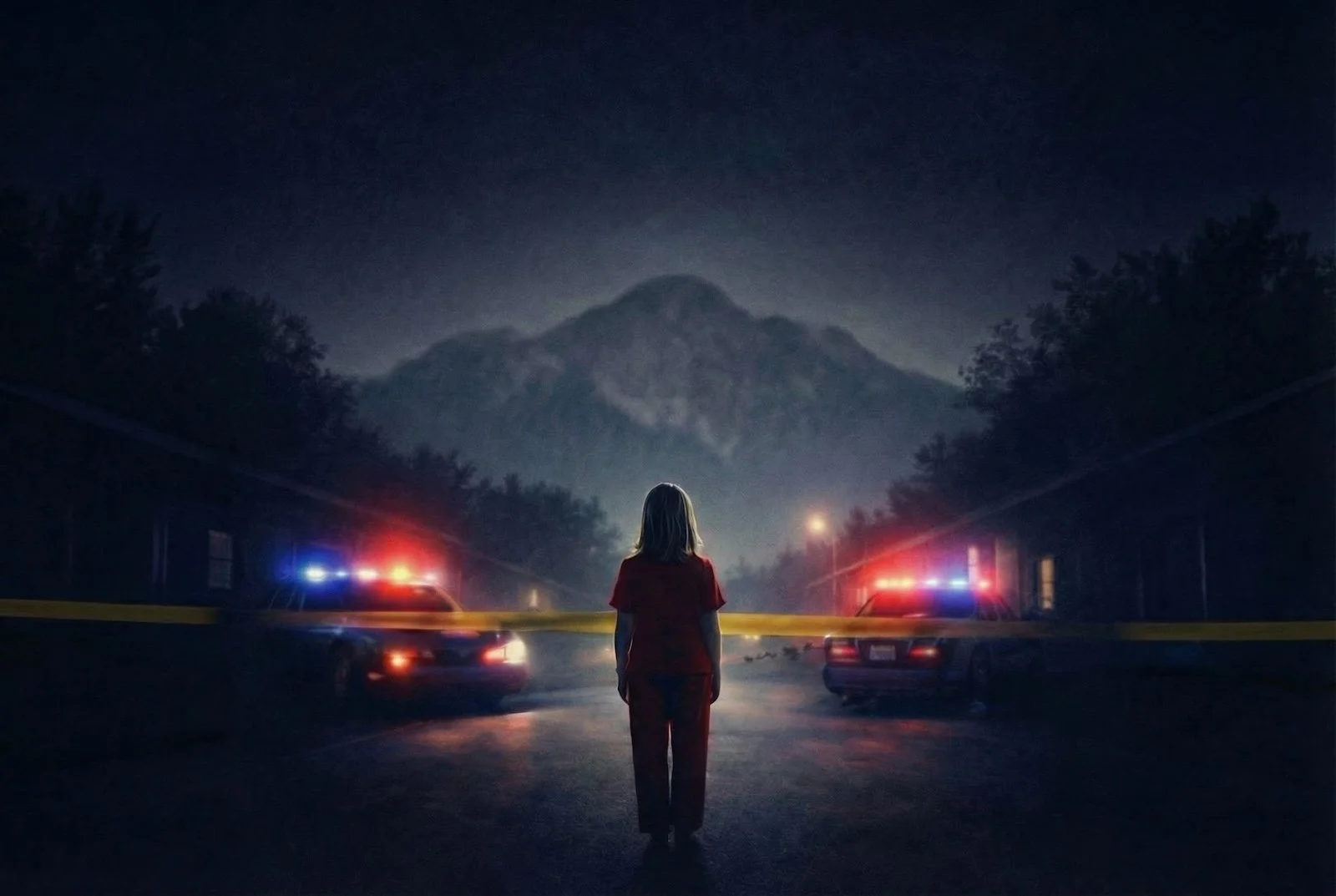 Dramatic night scene with police cars and tape, representing the Elizabeth Smart investigation