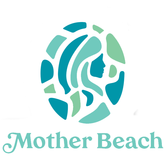 Mother Beach Logo featuring a stylized beach scene within an oval shape, with a person sitting on the sand, ocean waves, and a sun, accompanied by the text "Mother Beach" below in teal font.