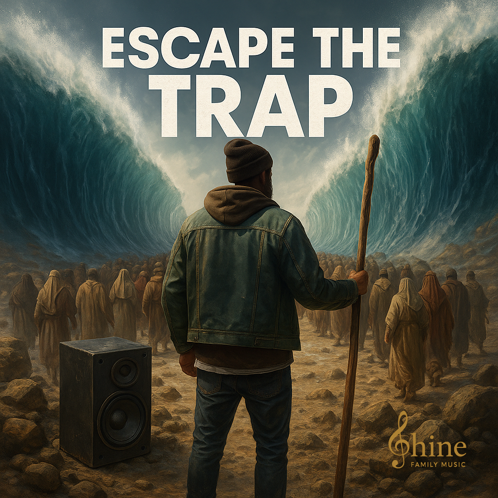 An illustration of a man with a beard, wearing a beanie, jacket, and jeans, holding a wooden staff and facing a large crowd of people, with massive ocean waves in the background. The text "Escape the Trap" is displayed at the top, and the bottom right shows the logo for Shine Family Music.