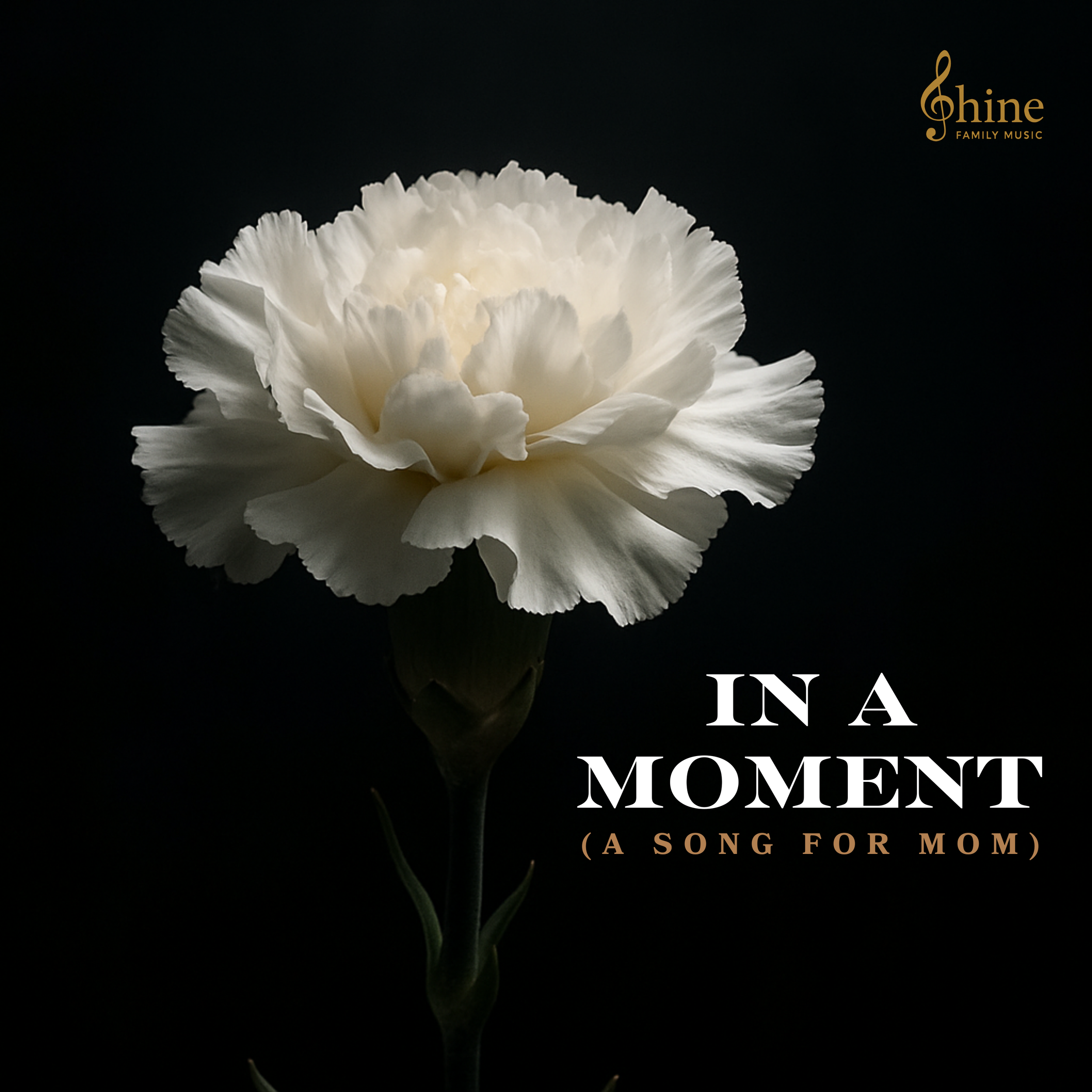 A white carnation flower against a dark background with the text 'In a Moment (A Song for Mom)' and a gold treble clef symbol logo in the top right corner.